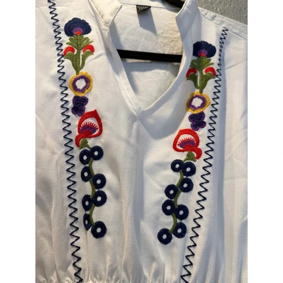 Emery Rose White Floral Embroidered Boho Empire Waist Puff Sleeve Dress XL - Picture 2 of 6